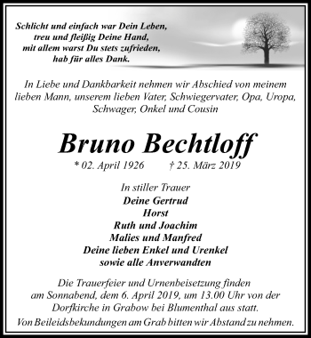 Traueranzeige von Bruno Bechtloff von Märkischen Allgemeine Zeitung