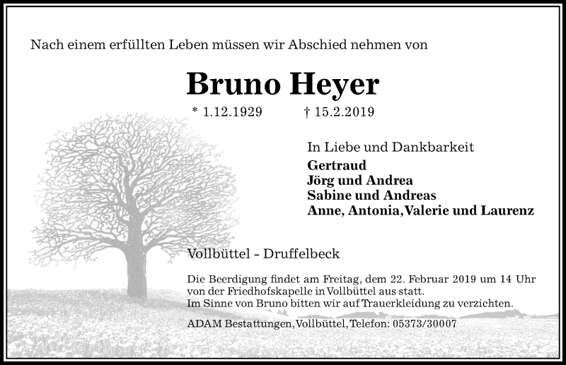  Traueranzeige für Bruno Heyer vom 19.02.2019 aus Aller Zeitung