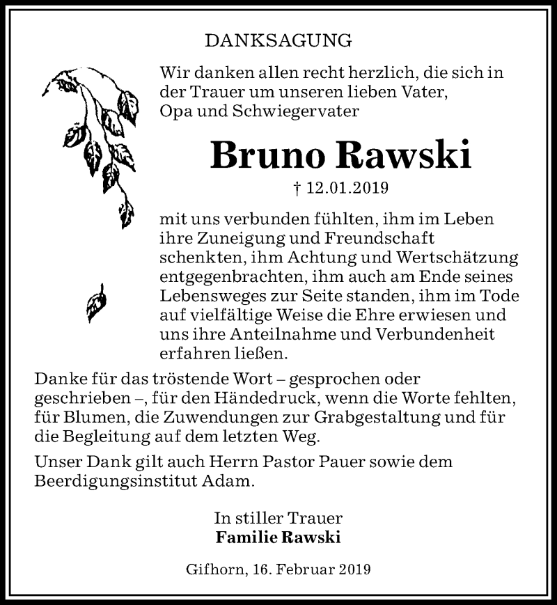  Traueranzeige für Bruno Rawski vom 16.02.2019 aus Aller Zeitung