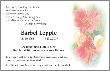 Traueranzeige von Bärbel Lepple von Märkischen Allgemeine Zeitung