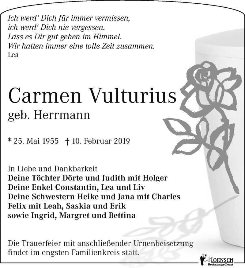  Traueranzeige für Carmen Vulturius vom 19.02.2019 aus Leipziger Volkszeitung