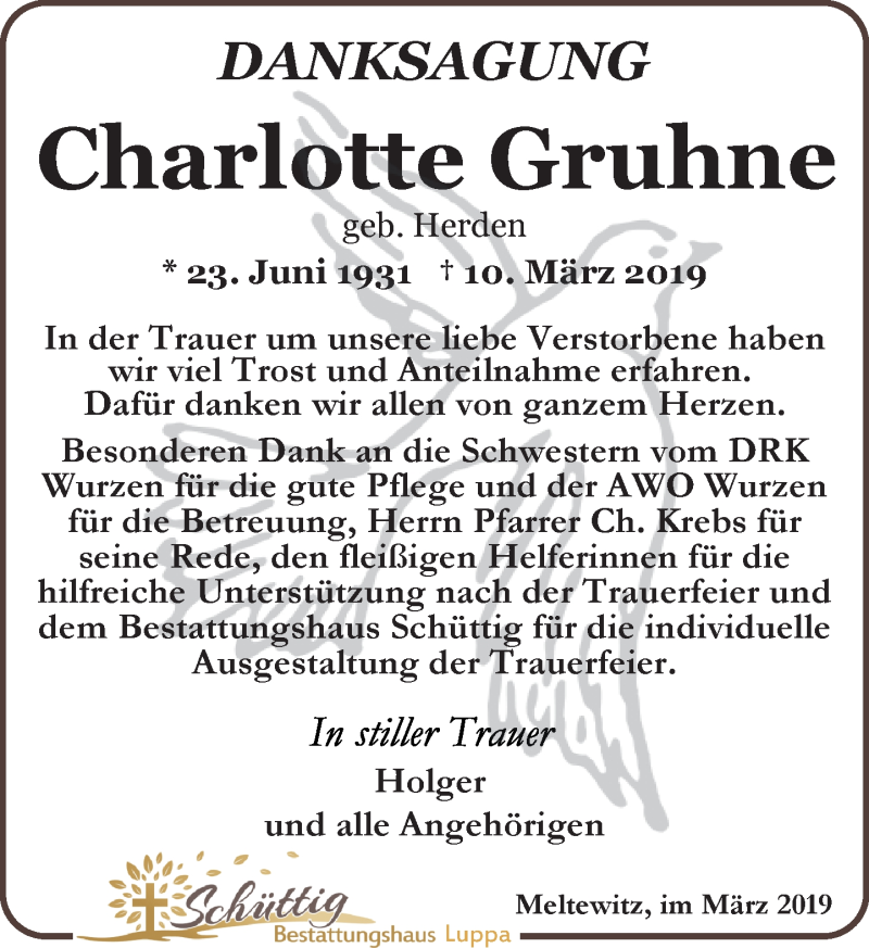  Traueranzeige für Charlotte Gruhne vom 30.03.2019 aus Leipziger Volkszeitung