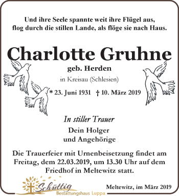 Traueranzeige von Charlotte Gruhne von Leipziger Volkszeitung