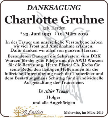 Traueranzeige von Charlotte Gruhne von Leipziger Volkszeitung