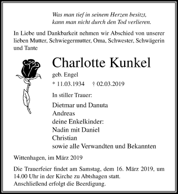 Traueranzeige von Charlotte Kunkel von Ostsee-Zeitung GmbH