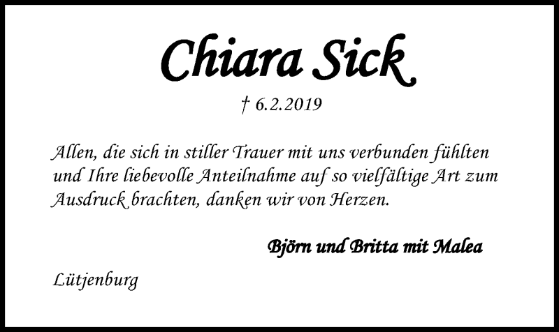  Traueranzeige für Chiara Sick vom 09.03.2019 aus Kieler Nachrichten