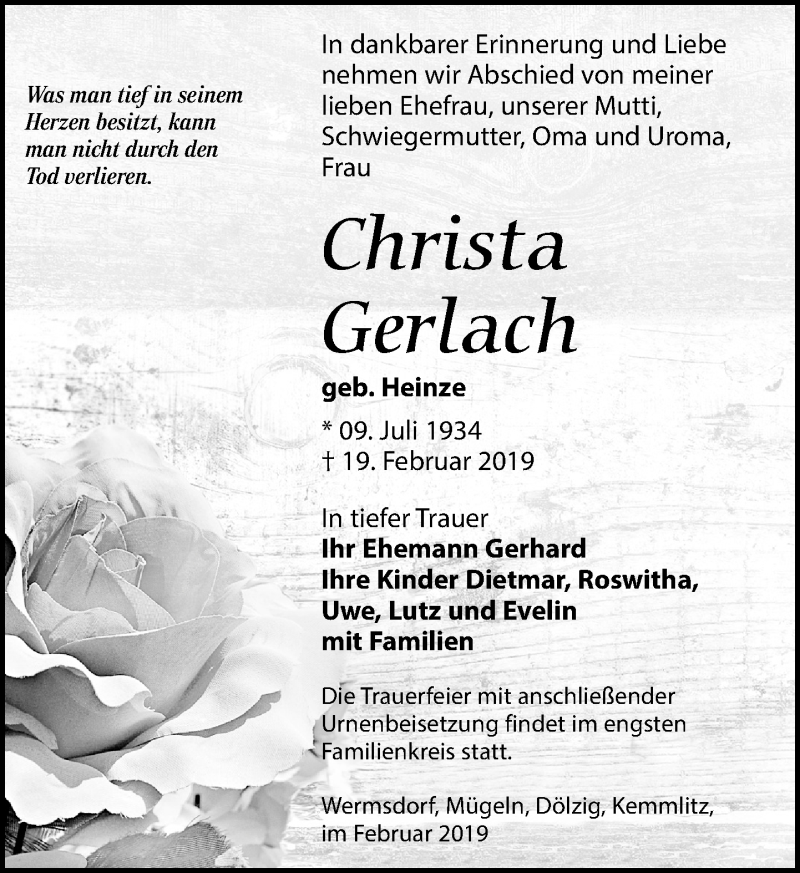  Traueranzeige für Christa Gerlach vom 23.02.2019 aus Leipziger Volkszeitung
