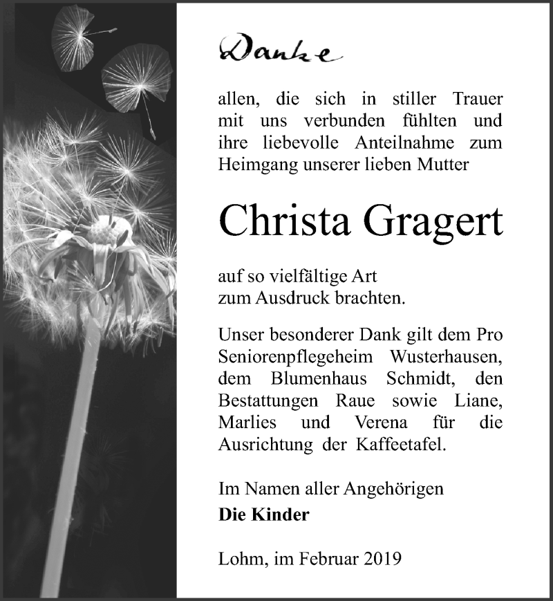  Traueranzeige für Christa Gragert vom 23.02.2019 aus Märkischen Allgemeine Zeitung