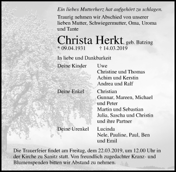 Traueranzeige von Christa Herkt von Ostsee-Zeitung GmbH