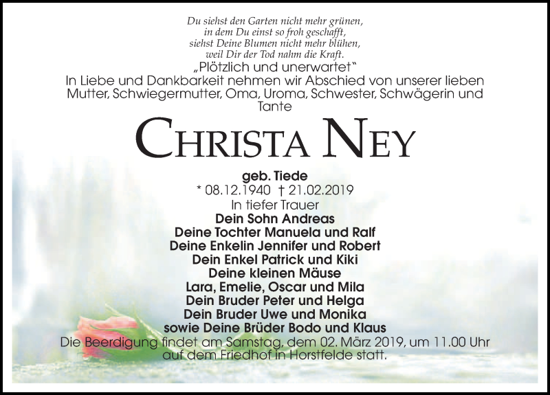  Traueranzeige für Christa Ney vom 27.02.2019 aus Märkischen Allgemeine Zeitung