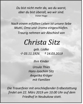 Traueranzeige von Christa Sitz von Ostsee-Zeitung GmbH
