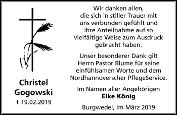 Traueranzeige von Christel Gogowski von Hannoversche Allgemeine Zeitung/Neue Presse