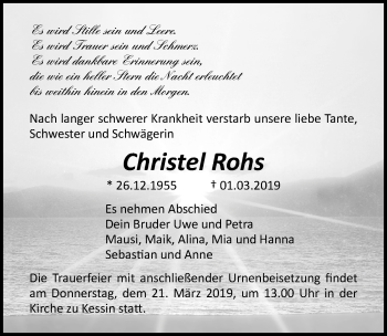 Traueranzeige von Christel Rohs von Ostsee-Zeitung GmbH