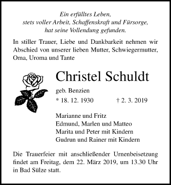 Traueranzeige von Christel Schuldt von Ostsee-Zeitung GmbH