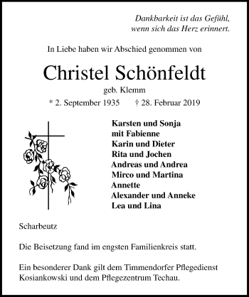 Traueranzeige von Christel Schönfeldt von Lübecker Nachrichten