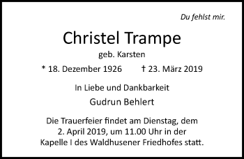Traueranzeige von Christel Trampe von Lübecker Nachrichten