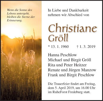 Traueranzeige von Christiane Gröll von Lübecker Nachrichten