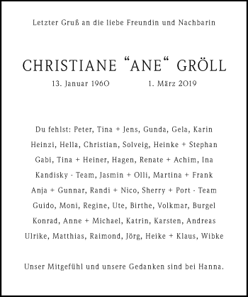 Traueranzeige von Christiane Gröll von Lübecker Nachrichten