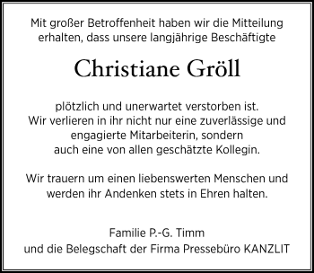 Traueranzeige von Christiane Gröll von Lübecker Nachrichten