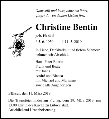 Traueranzeige von Christine Bentin von Ostsee-Zeitung GmbH