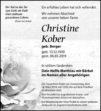 Traueranzeige von Christine Kober von Leipziger Volkszeitung