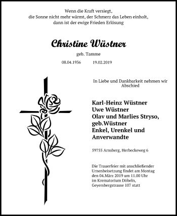 Traueranzeige von Christine Wüstner von Leipziger Volkszeitung