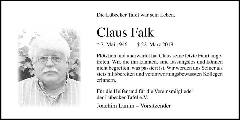  Traueranzeige für Claus Falk vom 27.03.2019 aus Lübecker Nachrichten