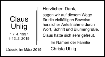 Traueranzeige von Claus Uhlig von Lübecker Nachrichten