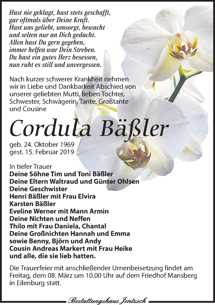  Traueranzeige für Cordula Bäßler vom 23.02.2019 aus Leipziger Volkszeitung
