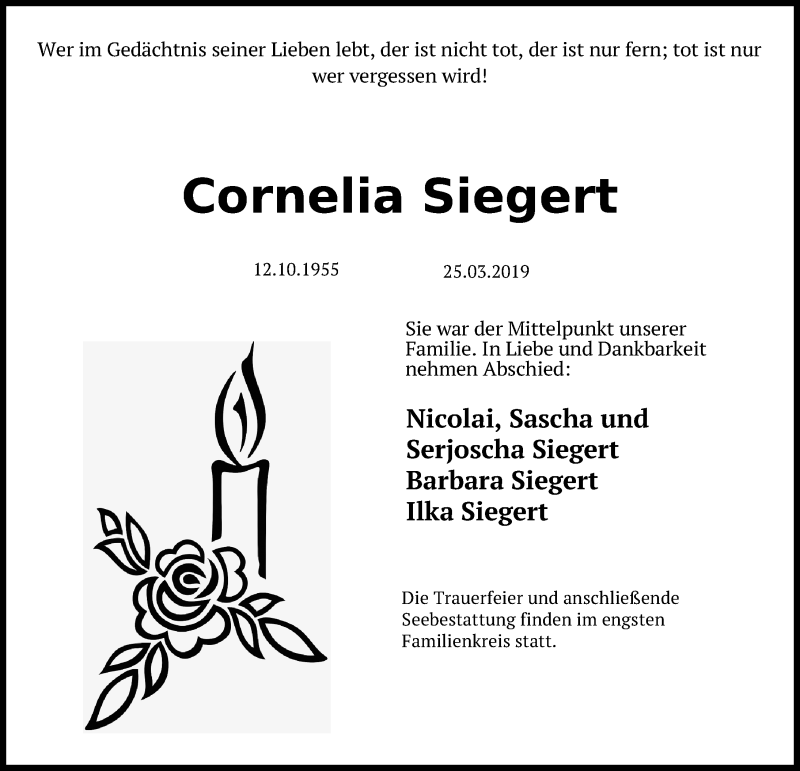  Traueranzeige für Cornelia Siegert vom 31.03.2019 aus Lübecker Nachrichten