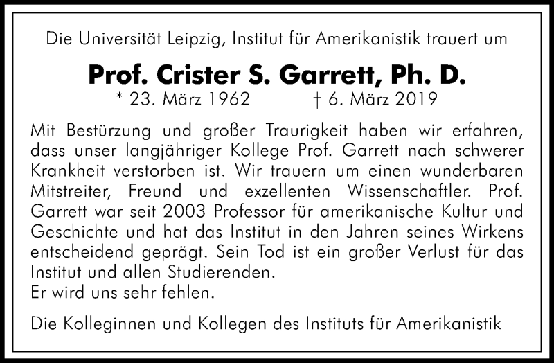  Traueranzeige für Crister S. Garrett vom 14.03.2019 aus Leipziger Volkszeitung