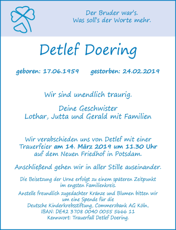 Traueranzeige von Detlef Doering von Märkischen Allgemeine Zeitung