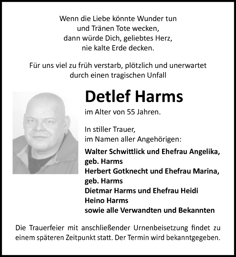 Traueranzeigen von Detlef Harms | trauer-anzeigen.de