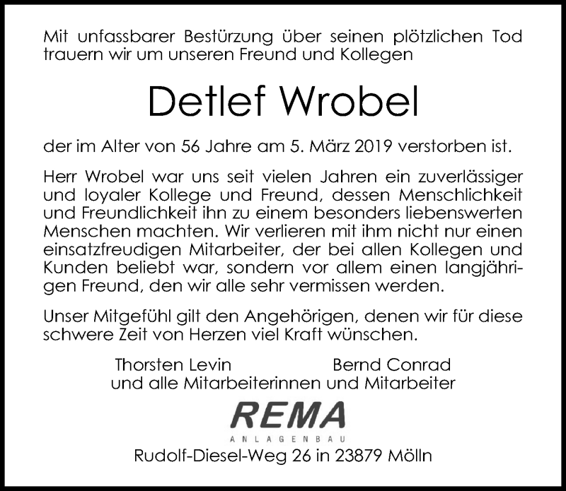  Traueranzeige für Detlef Wrobel vom 09.03.2019 aus Ostsee-Zeitung GmbH