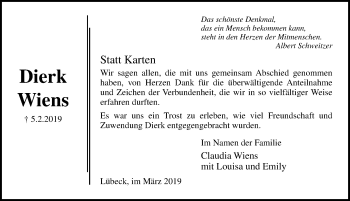Traueranzeige von Dierk Wiens von Lübecker Nachrichten