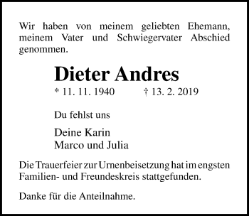 Traueranzeige von Dieter Andres von Lübecker Nachrichten