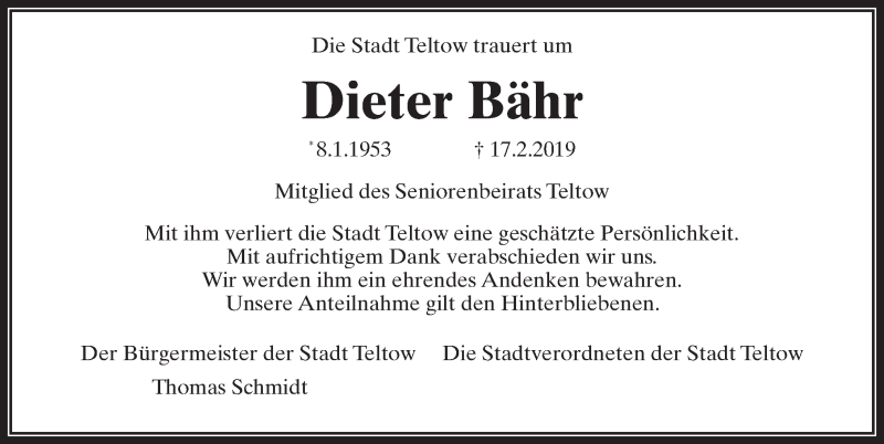  Traueranzeige für Dieter Bähr vom 02.03.2019 aus Märkischen Allgemeine Zeitung