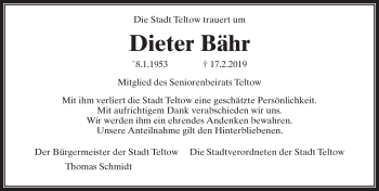 Traueranzeige von Dieter Bähr von Märkischen Allgemeine Zeitung