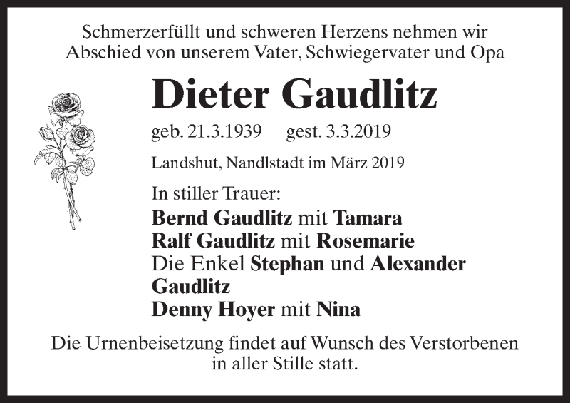  Traueranzeige für Dieter Gaudlitz vom 08.03.2019 aus Märkischen Allgemeine Zeitung