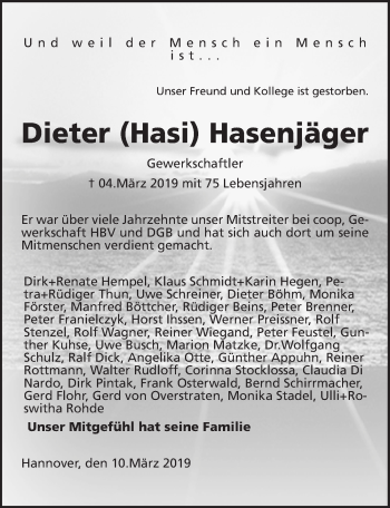 Traueranzeige von Dieter Hasenjäger von Hannoversche Allgemeine Zeitung/Neue Presse