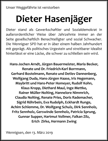 Traueranzeige von Dieter Hasenjäger von Hannoversche Allgemeine Zeitung/Neue Presse