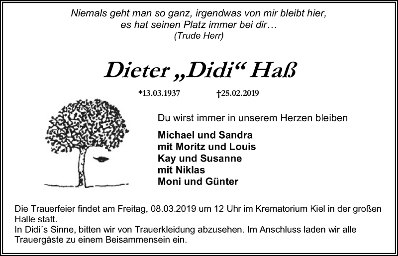  Traueranzeige für Dieter  Haß vom 02.03.2019 aus Kieler Nachrichten
