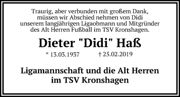 Traueranzeige von Dieter  Haß von Kieler Nachrichten