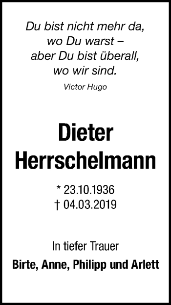 Traueranzeige von Dieter Herrschelmann von Leipziger Volkszeitung