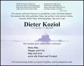 Traueranzeige von Dieter Koziol von Lübecker Nachrichten