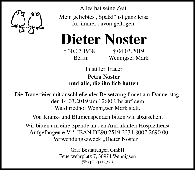  Traueranzeige für Dieter Noster vom 08.03.2019 aus Hannoversche Allgemeine Zeitung/Neue Presse