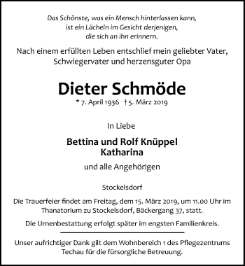 Traueranzeige von Dieter Schmöde von Lübecker Nachrichten