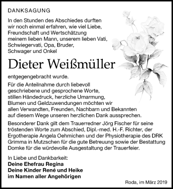 Traueranzeige von Dieter Weißmüller von Leipziger Volkszeitung