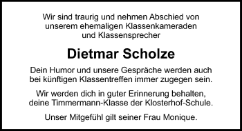 Traueranzeige von Dietmar Scholze von Lübecker Nachrichten