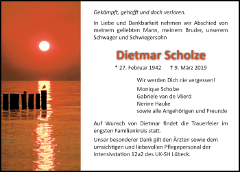 Traueranzeige von Dietmar Scholze von Lübecker Nachrichten